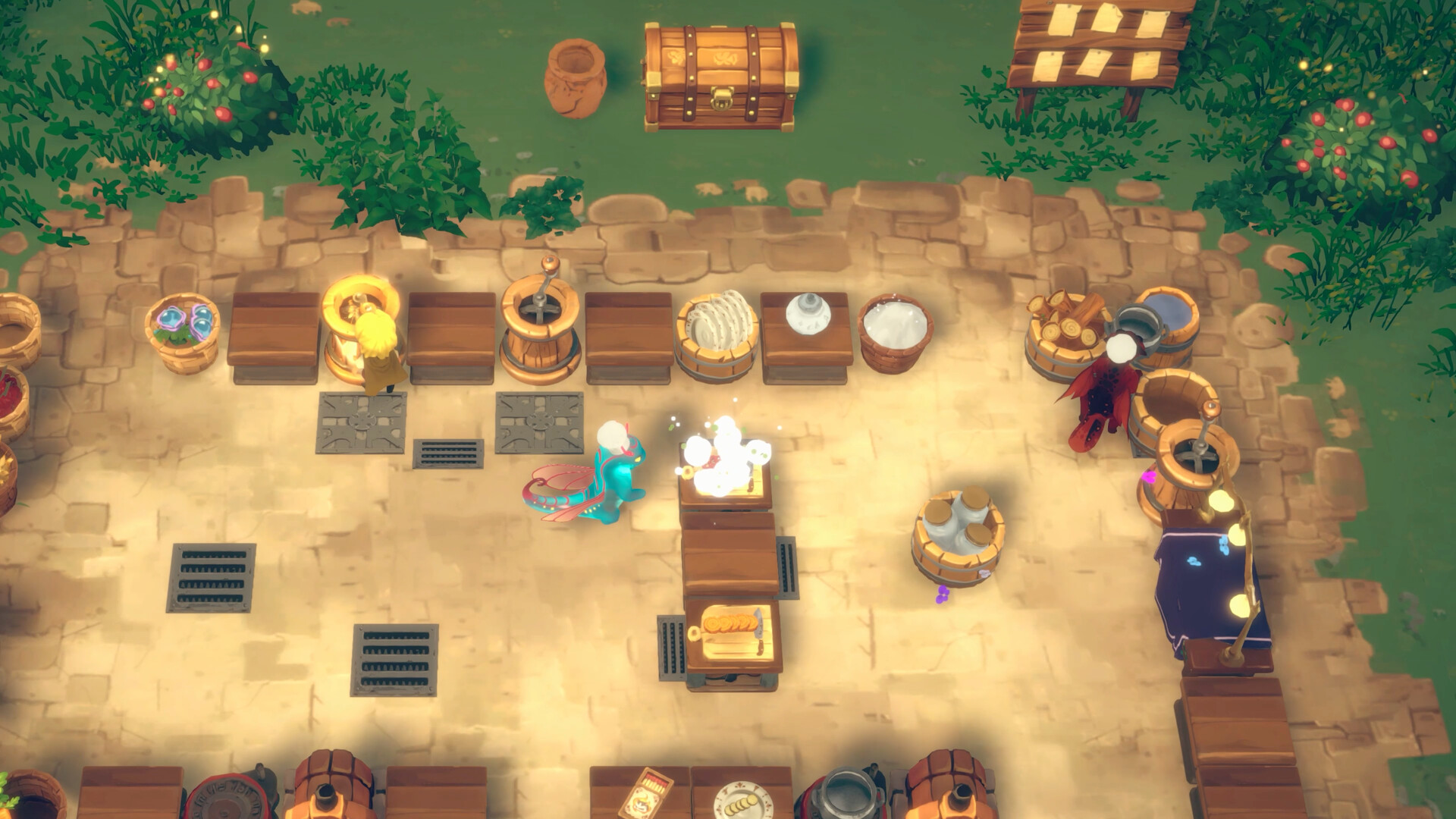 An aerial view of a mature Dragon Shelter farm with a windmill, glowing magic crops, and a blue-roofed dragon shed