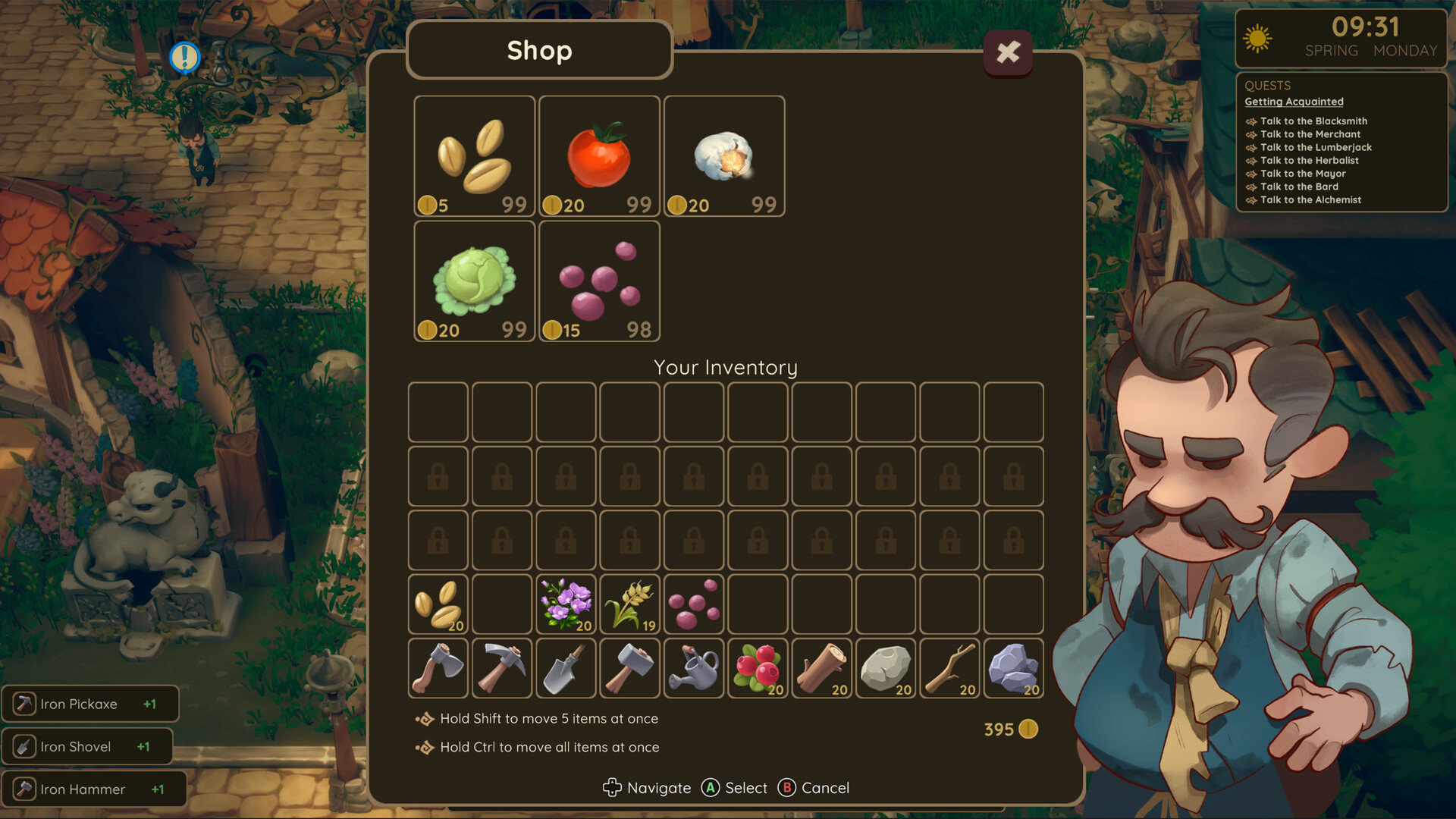 The Dragon Shelter shop UI with prices and stock, while nearby townsfolk wear blue quest markers