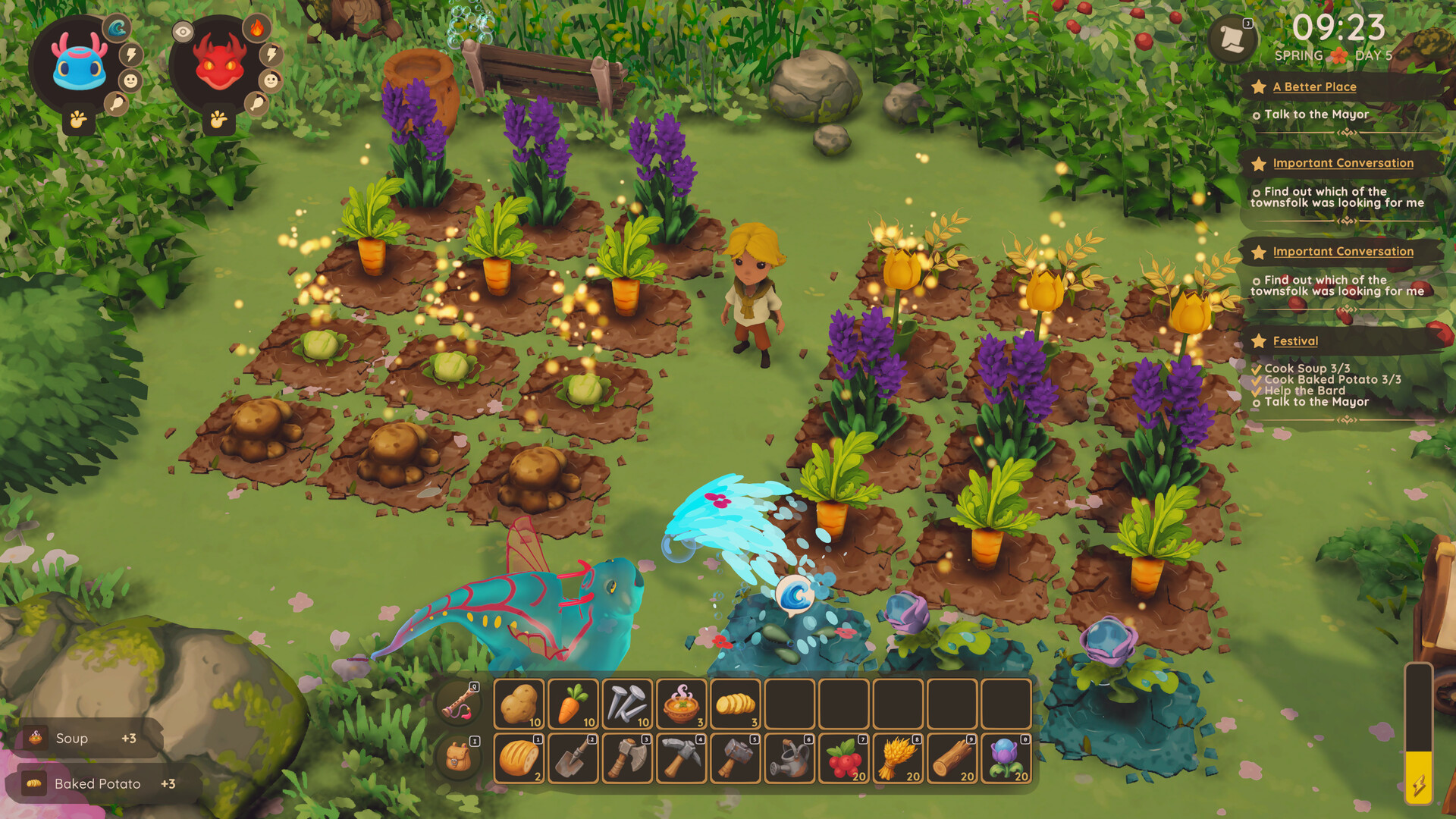 A snowy Dragon Shelter town square, where the player talks with Blacksmith Hugh while the quest list shows early errands